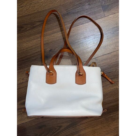 Dooney & Bourke Morgan Satchel White Pebbled Leather Bag Tan Trim Tassel Tote - Picture 3 of 14